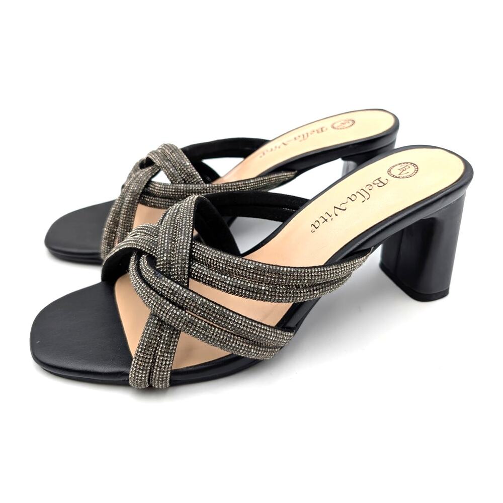 Bella Vita Carmen Crystal Block Heel Sandals Women's Black Size US7W EU37